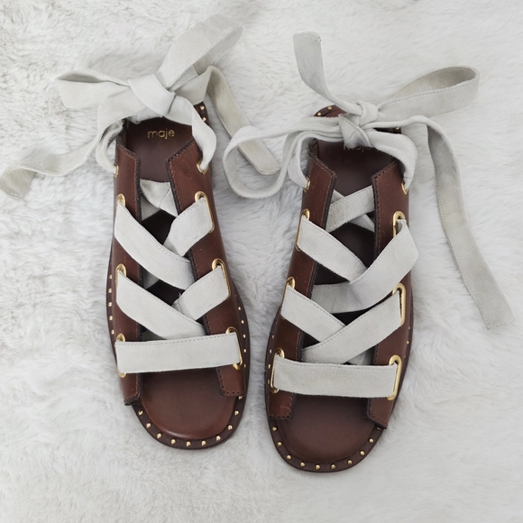 NEW Maje Fidil Lace Up Marron Gladiator Leather Sandal Mules - Picture 1 of 12